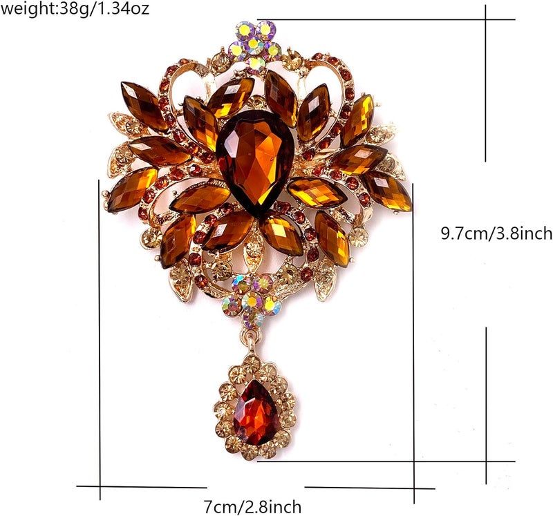 LAXPICOL Wedding Bridal Big Brown Crystal Rhinestone Bouquet Brooch Pin for Women Golden Tone - Image 5